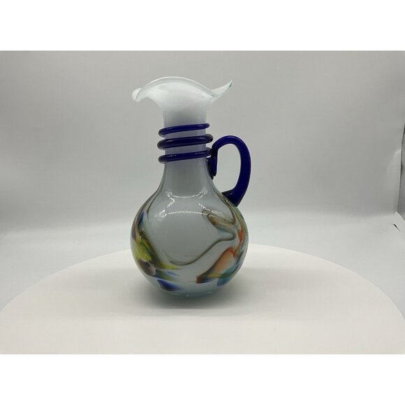 Murano Style Hand Blown Glass Pitcher With Cobalt Blue Rope And Handle Vintage - Picture 11 of 16